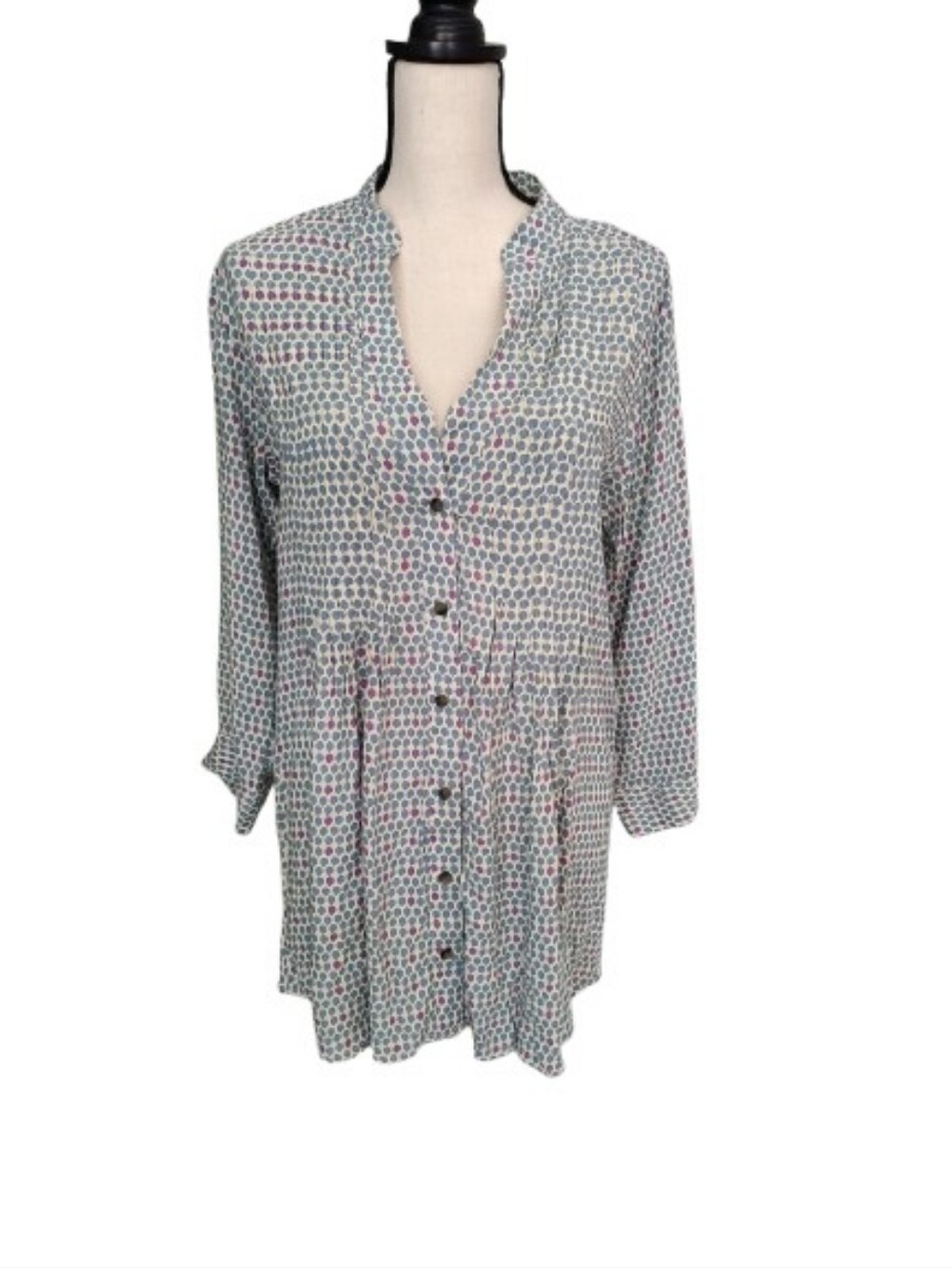 NWT Rockflowerpaper Cream Pintuck Tunic With Blue Dots Cottagecore Coastal M